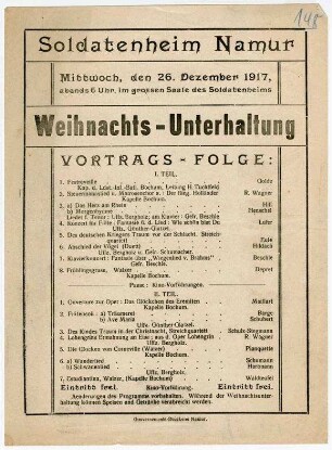 "Soldatenheim Namur ... Weihnachts-Unterhaltung", folgen: Programmhinweise