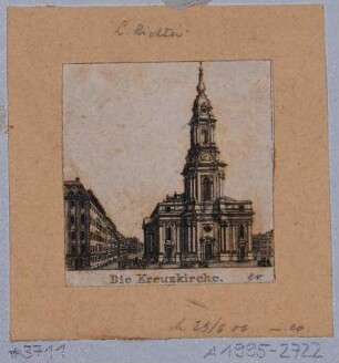 Ansicht der neuen Kreuzkirche in Dresden im barocken Stil mit klassizistischen Elementen (Weihe 1792), Ausschnitt aus einem Erinnerungsblatt an Dresden mit 2 großen und 16 kleinen Stadtansichten