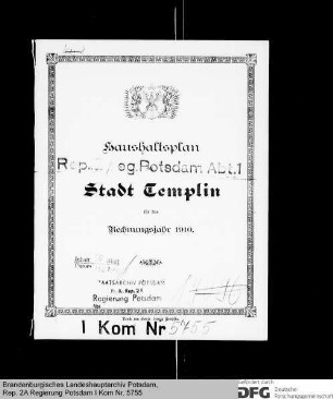 Haushaltsplan der Stadt Templin für das Rechnungsjahr 1910