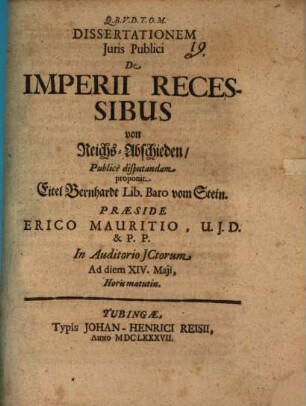 Dissertationem Juris Publici De Imperii Recessibus : = Von Reichs-Abschieden