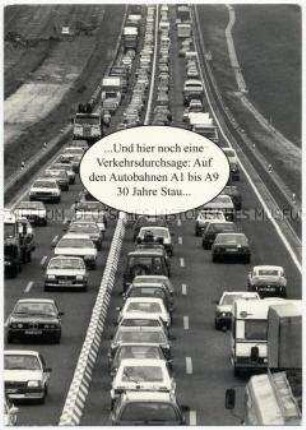 Satirische Postkarte zum Thema Autoverkehr