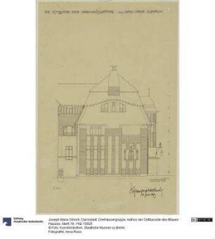 Darmstadt, Dreihäusergruppe, Aufriss der Ostfassade des Blauen Hauses