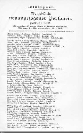 Verzeichnis neuangezogener Personen: Februar 1902