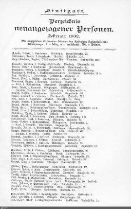 Verzeichnis neuangezogener Personen: Februar 1902