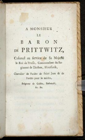 A Monsieur Le Baron de Prittwitz,[...]