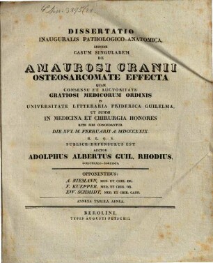 Diss. inaug. path.-anat. sistens casum singularem de amaurosi, cranii osteosarcomate effecta : cum tab. aen.