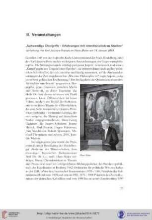 Notwendige Übergriffe – Erfahrungen mit interdisziplinären Studien : Verleihung des Karl Jaspers-Preises an Hans Maier am 14. Januar 2014