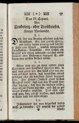 Das IV. Capitel. Von Condolenz- oder Trostbriefen.