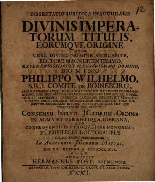 Diss. iur. inaug. de divinis imperatorum titulis, eorumque origine