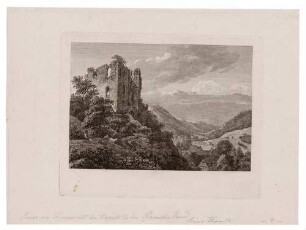 Blick vom Berg auf die Tharandter Burgruine mit Blick in das Weißeritztal in Richtung Hainsberg (Freital), aus: Becker, Der Plauische Grund, 1799; Zustand mit sehr blassen Namen