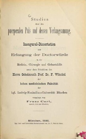 Studien über den puerperalen Puls und dessen Verlangsamung : Inaug.-Diss.