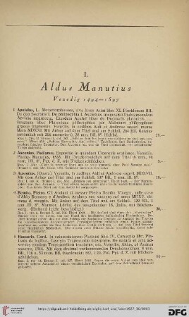 I. Aldus Manutius (Nr.1-148)