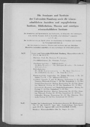 Die Seminare und Institute der Universität Hamburg sowie die wissenschaftlichen Anstalten und angegliederten Institute, Bibliotheken, Museen und sonstigen wissenschaftlichen Institute