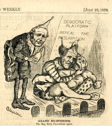 Grand re-opening. The Rag Baby Pantomime again : Tilden und Hendricks treten auf einer Bühne zusammen mit einer Stoffpuppe als Clowns auf