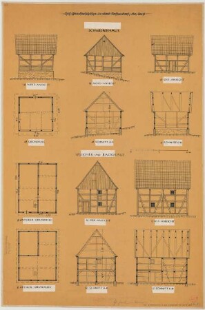 Sassendorf (Kreis Soest): Hof Gämkerschulze. - Schweinehaus (Grundriss, Ansichten, Schnitte). - Speicher und Backhaus (Grundrisse, Ansichten, Schnitte).