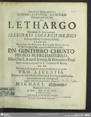 Dissertationem Medicam Inauguralem De Lethargo