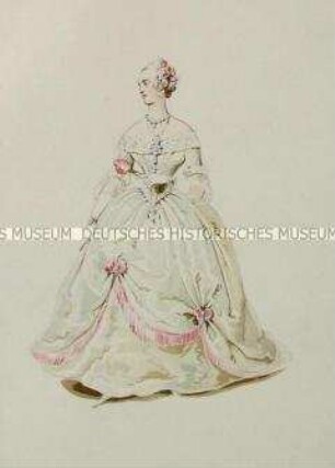 Frau im weißen Kleid mit gerafftem Reifrock - Tafel aus Franceschini/Kostümbilder (Kassette 1)