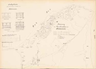 Leuchtturm Dornbusch, Hiddensee: Lageplan 1:4030, Stallgebäude für das Feuerwärtergehöft, Ansicht, Grundriss, Schnitte 1:100