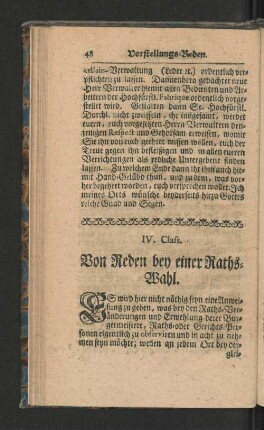 IV. Class. Von Reden bey einer Raths- Wahl.