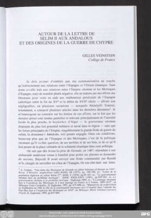 Autour De La Lettre De Selim II Aux Andalous Et Des Origines De La Guerre De Chypre Gilles Veinstein
