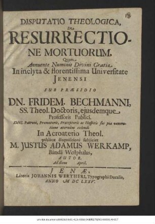 Disputatio Theologica, De Resurrectione Mortuorum