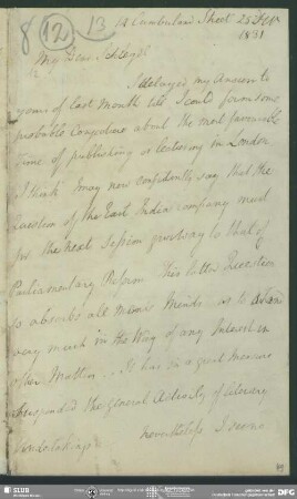 Eigenh. Brief von James Mackintosh an August Wilhelm von Schlegel, London, 25.12.1831