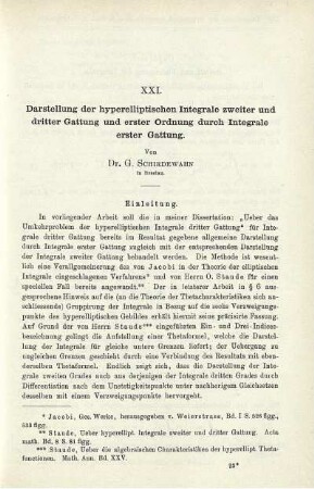 XXI. Darstellung der hyperelliptischen Integrale zweiter und dritter Gattung und erster Ordnung durch. Integrale erster Gattung.