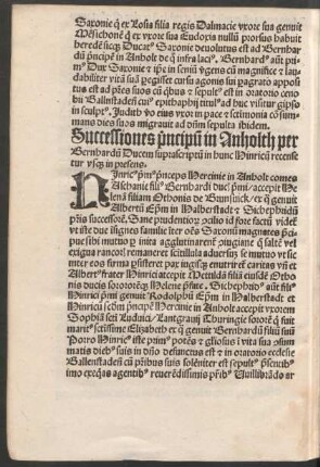 Successiones principum in Anholth per Bernhardum Ducem suprascriptum in hunc Hinricum recensentur usque in presens.