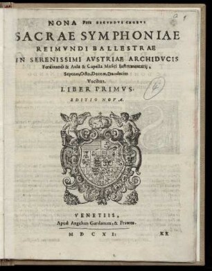 Raimondo Bal[l]estra: Sacrae symphoniae ... Liber primus. Nona Pars