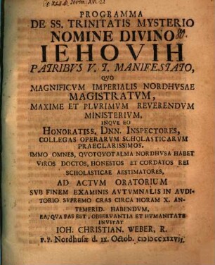 Programma de Ss. trinitatis mysterio nomine divino Iehovih Patribus V. T. manifestato