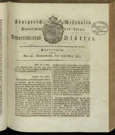 Nro 41. Sonnabend, den 22ten May 1813 [-] Nro 50. Mittwoch, den 23ten Juni 1813