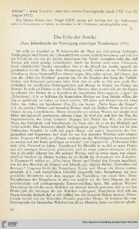 15: Das Erbe der Antike : aus: Jahresbericht der Vereinigung ehemaliger Theodorianer 1971
