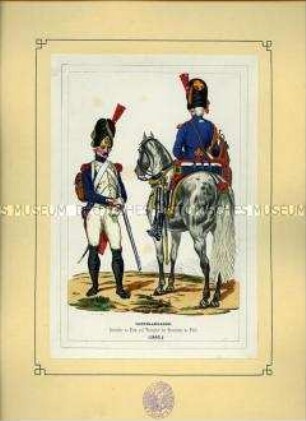 Uniformdarstellung, Grenadier des Grenadier-Regiments zu Fuß und Trompeter des Grenadier-Regiments zu Pferd der Konsular-Garde, Frankreich, 1802. Aus: Bellangé: Die Soldaten der französischen Republik und des Kaiserreichs.