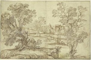 Landschaft mit Wasser, Baumgruppen und Gebäuden