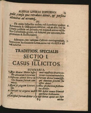 Tradition. Specialis Sectio I. Sistens Casus Illicitos.