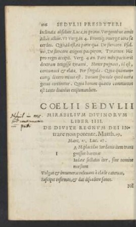 Coelii Sedulii Mirabilium Divinorum Liber IIII.