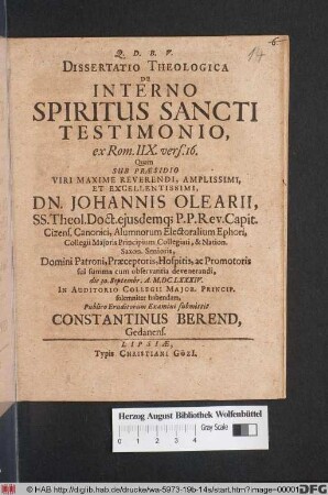 Dissertatio Theologica De Interno Spiritus Sancti Testimonio : ex Rom. IIX. vers. 16.