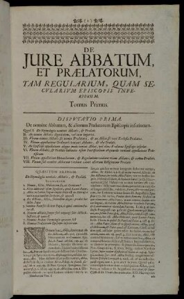 Disputatio Prima. De nomine Abbatum, & aliorum Prælatorum Episcopis inferiorum.