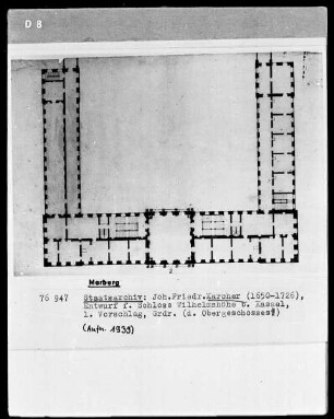 Entwürfe für Schloß Wilhelmshöhe bei Kassel, erster Vorschlag — Grundriß des Obergeschosses