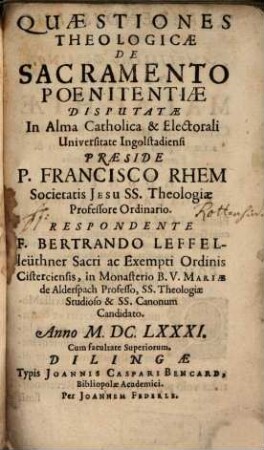 Quaestiones theologicae de sacramento poenitentiae