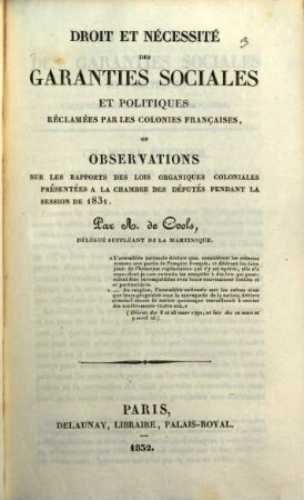 Droit et nécessité des garanties sociales et politiques réclamées par les colonies françaises