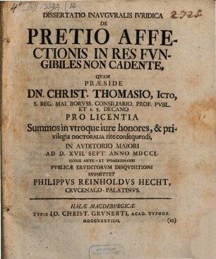 Dissertatio Inavgvralis Ivridica De Pretio Affectionis In Res Fvngibiles Non Cadente