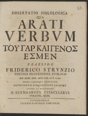 1: Dissertatio Philologica Qva Arati Verbvm Tu Gar Kai Genos Esmen