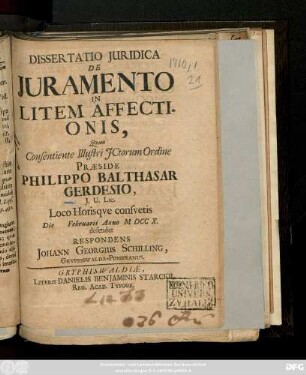 Dissertatio Juridica De Juramento In Litem Affectionis