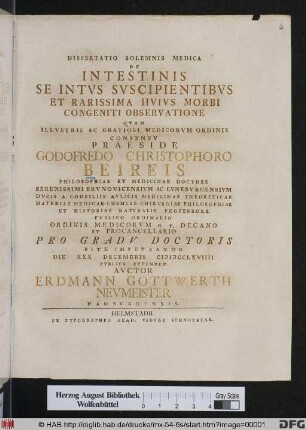 Dissertatio Solemnis Medica De Intestinis Se Intvs Svscipientibvs Et Rarissima Hvivs Morbi Congeniti Observatione