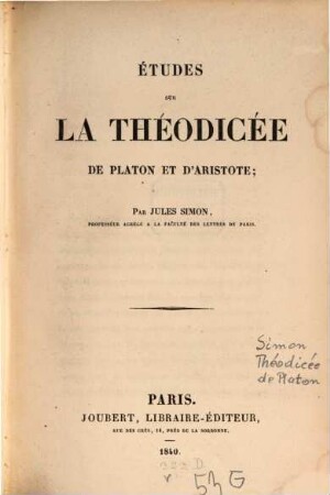 Études sur la Théodicée de Platon et d'Aristote