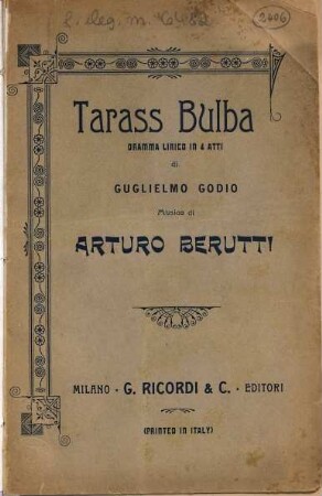 Tarass Bulba : dramma lirico in 4 atti ; Torino, Teatro Regio, carnevale e quaresima 1894 - 95