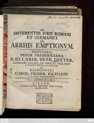 De Differentiis Ivris Romani Et Germanici In Arrhis Emptionvm : Dispvtatio Prior Fridericiana