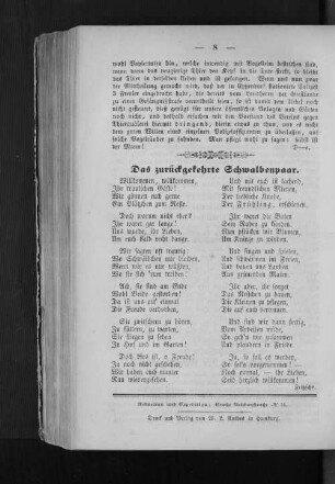 Gedicht: "Das zurückgekehrte Schwalbenpaar."