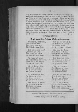 Gedicht: "Das zurückgekehrte Schwalbenpaar."